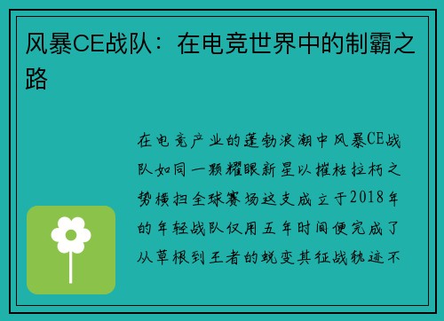 风暴CE战队：在电竞世界中的制霸之路