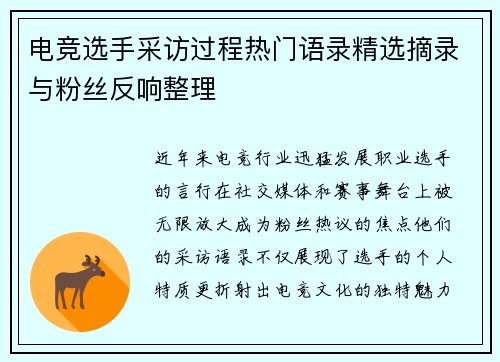 电竞选手采访过程热门语录精选摘录与粉丝反响整理