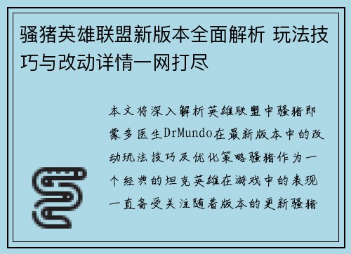 骚猪英雄联盟新版本全面解析 玩法技巧与改动详情一网打尽