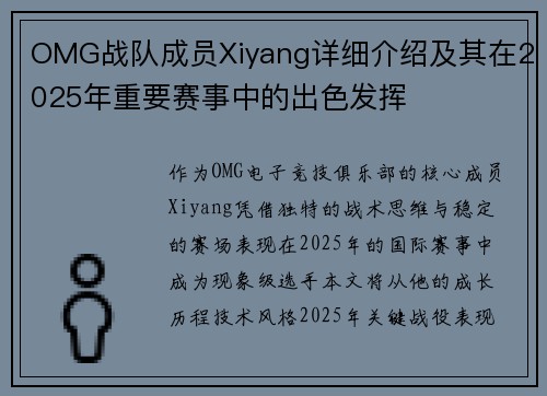 OMG战队成员Xiyang详细介绍及其在2025年重要赛事中的出色发挥